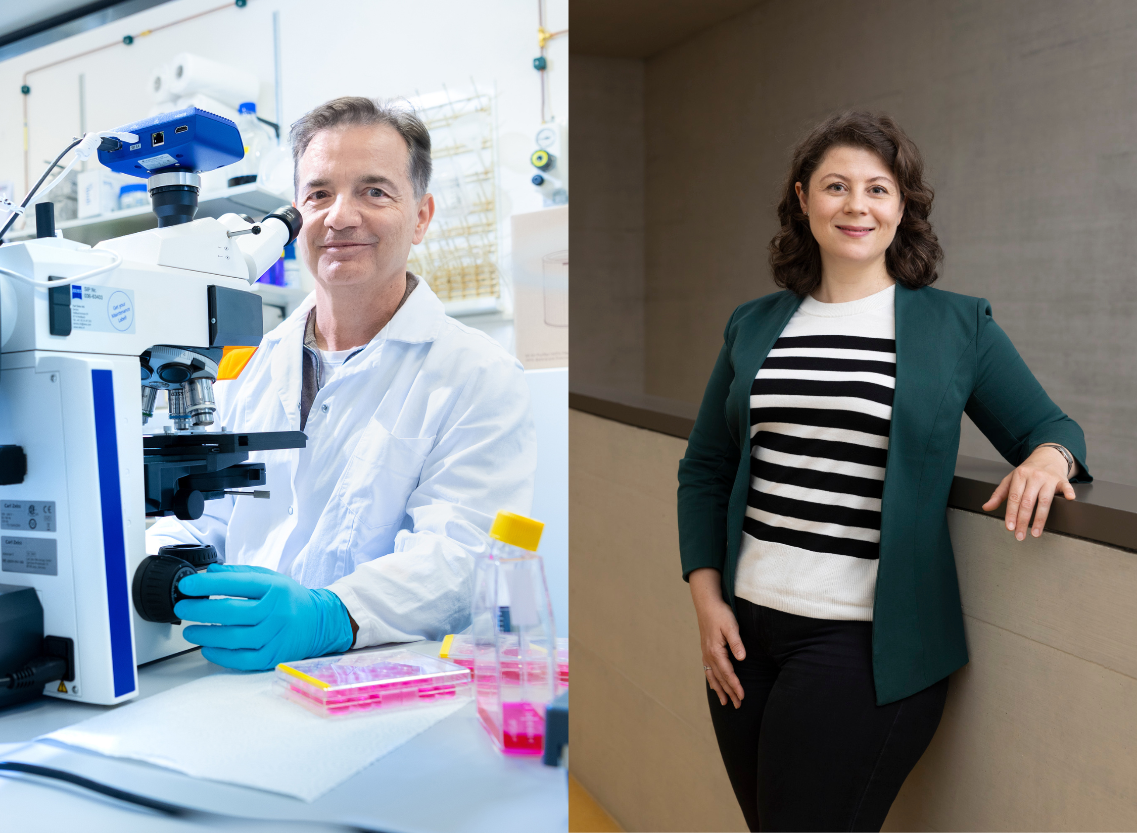 Photo of a man in a white lab coat sitting behind and large microscope; photo of a woman in a green blazer and striped shirt leaning against a banister