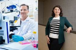 Photo of a man in a white lab coat sitting behind and large microscope; photo of a woman in a green blazer and striped shirt leaning against a banister