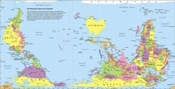 Picture of a map of the world but the opposite way around to how maps are typically designed, so with the North Pole at the bottom and the South Pole at the top.